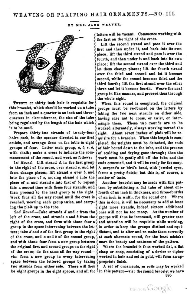 1860 Peterson's Magazine- instrukcja robienia biżuterii z włosów